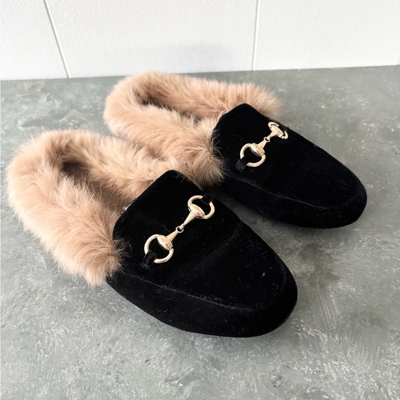Black fur lined velvet slipper loafers size EU 37/ women’s size 6/6.5 - Picture 1 of 5